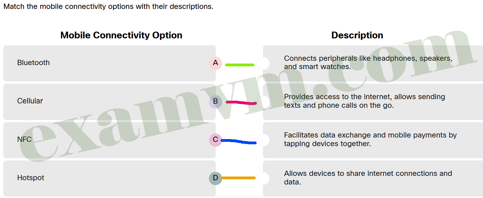 Match the mobile connectivity options with their descriptions